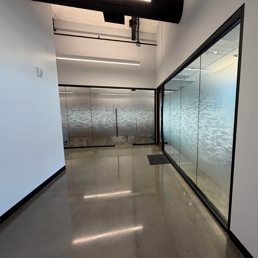 Office hallway with gradient privacy window film.
